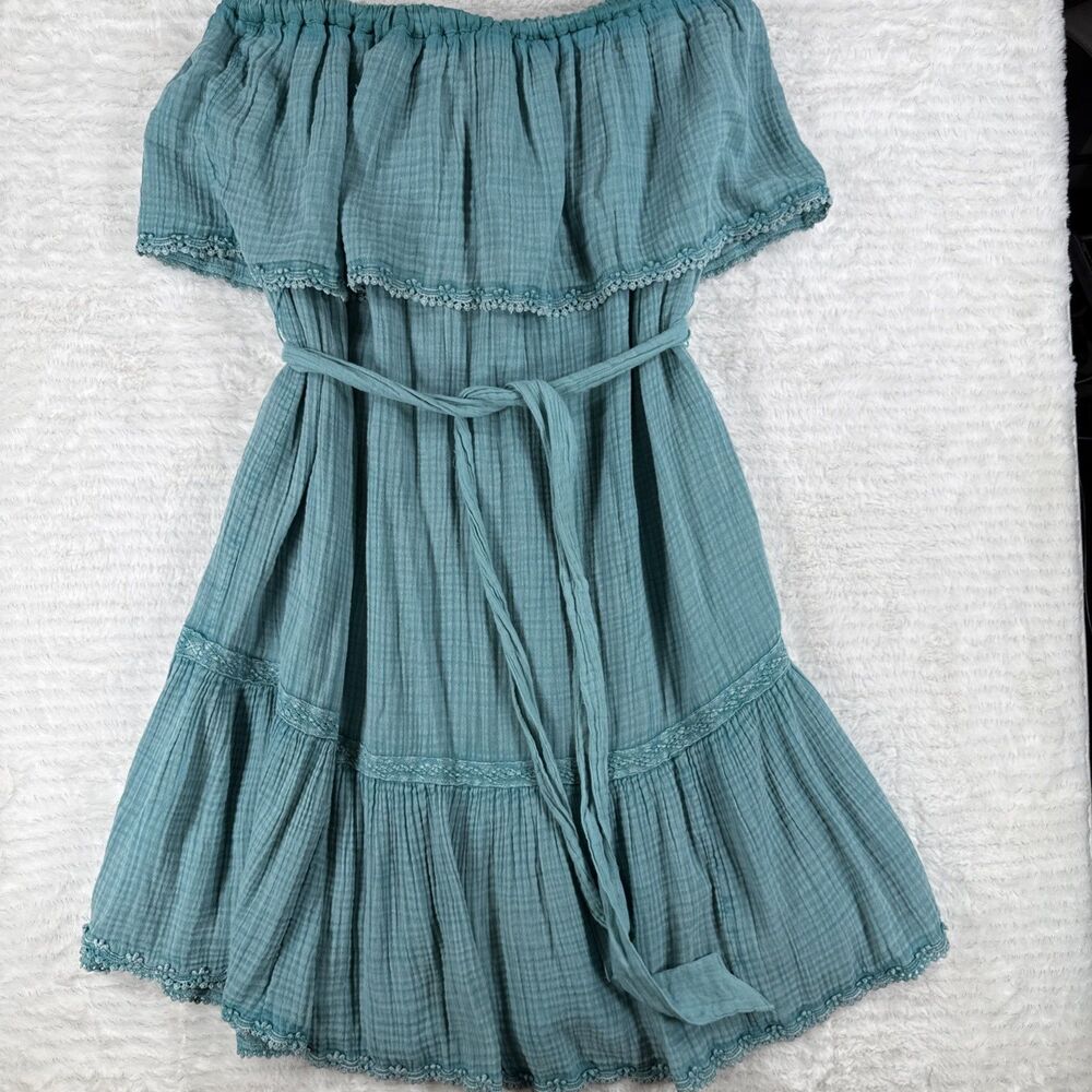 Anthropologie Daily Practice Turquoise Strapless Boho Gauzy Malibu Mini Dress M